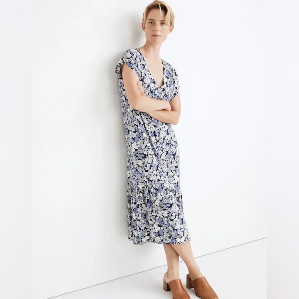 Madewell Button-Front Ruffle-Hem Midi Dress in Flower Garden